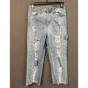 VIP Jeans Womens 3/4 Light Wash Distressed Ripped Cropped Denim Casual Pants